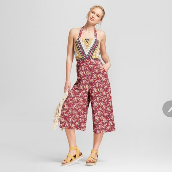 Xhilaration Pants - Women's Floral Print Halter Top Overall Jumpsuit -